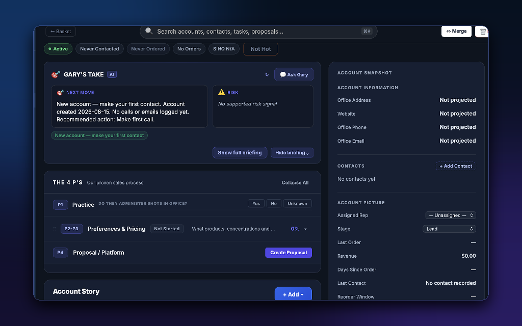 SalesFlo Account Workspace with Gary's Take